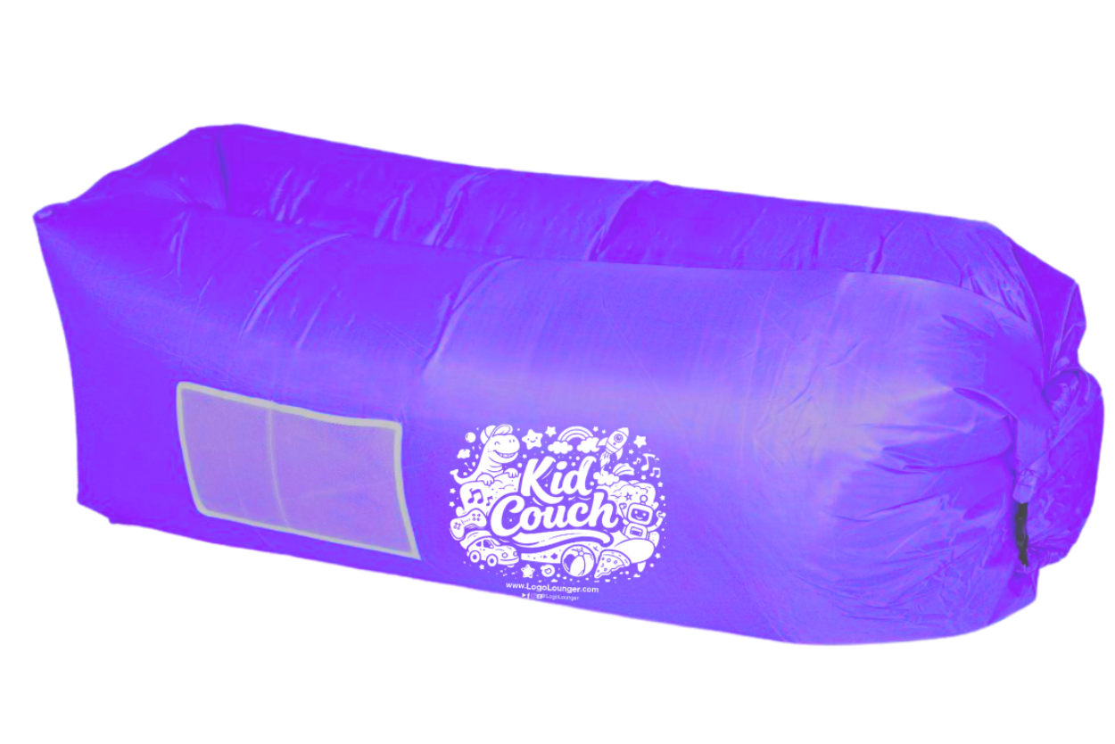 Purple inflatable couch with 'A Kid a Couch' logo on a white background